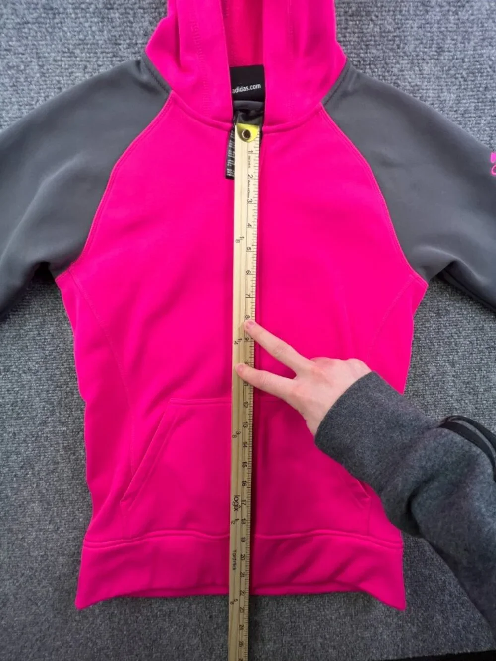 Adidas Girls Jacket 14 Large Gray Pink Hoodie Full Zip w Logo Fleece Inside